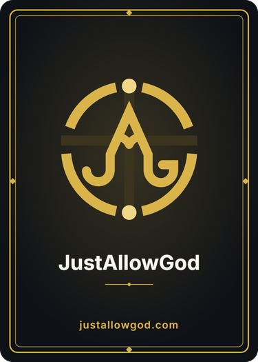 The card back: the Hidden Cross mark in gold on Night inside a double gold border, with JustAllowGod and justallowgod.com.