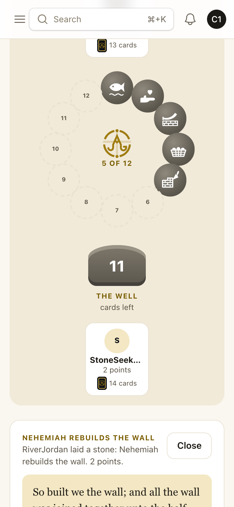 The same table on a phone: the stone circle, the Well with eleven cards left and the player's seat.