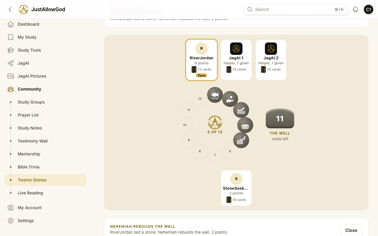 A game in progress on the website: four seats with gamer tags and two JagAI Helpers around the twelve stone circle, five stones laid, and the Well beside it.