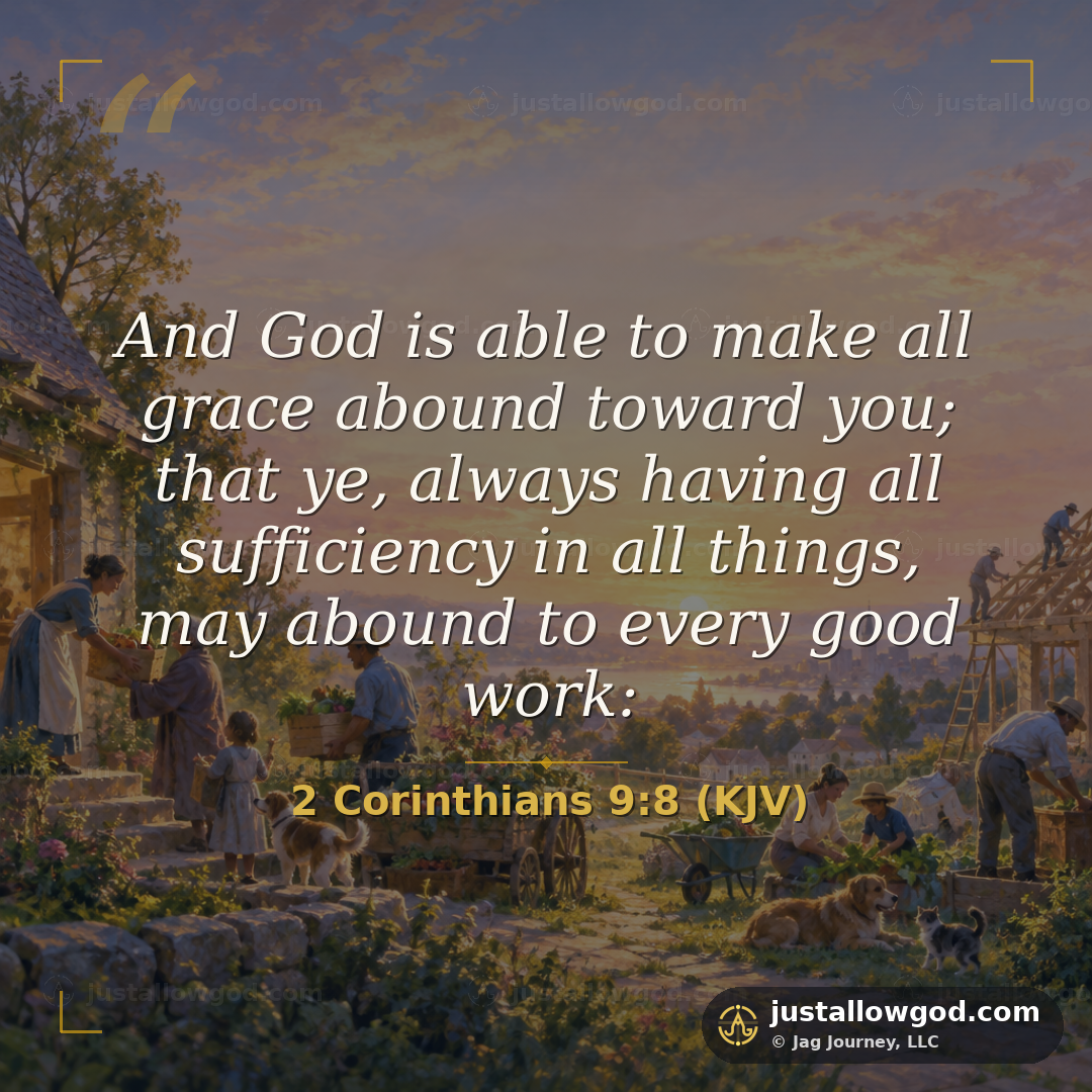 &ldquo;And God is able to make all grace abound toward you; that ye, always having all sufficiency in all things, may abound to every good work:&rdquo; 2 Corinthians 9:8 (KJV)